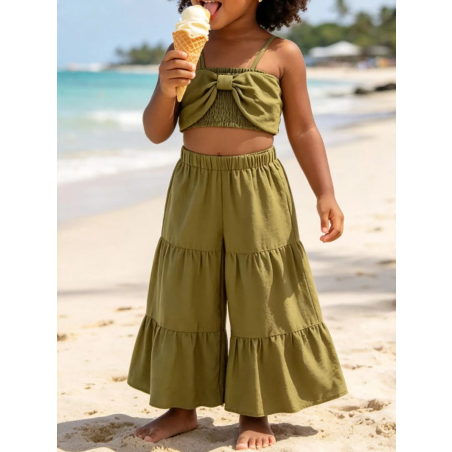 Children’s Smocked Bow Cami and Pants Set Olive / 12-18M Apparel and Accessories