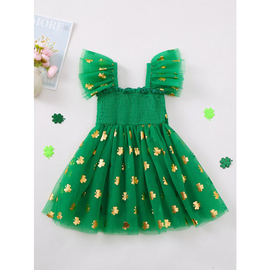 Children’s Smocked Clover Tulle Dress Green / 6-12M Apparel and Accessories