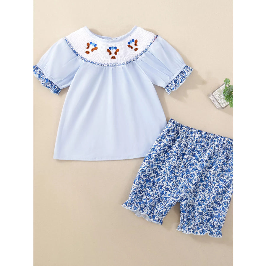 Children’s Smocked Floral Blouse and Shorts Set Blue / 6-12M Apparel and Accessories