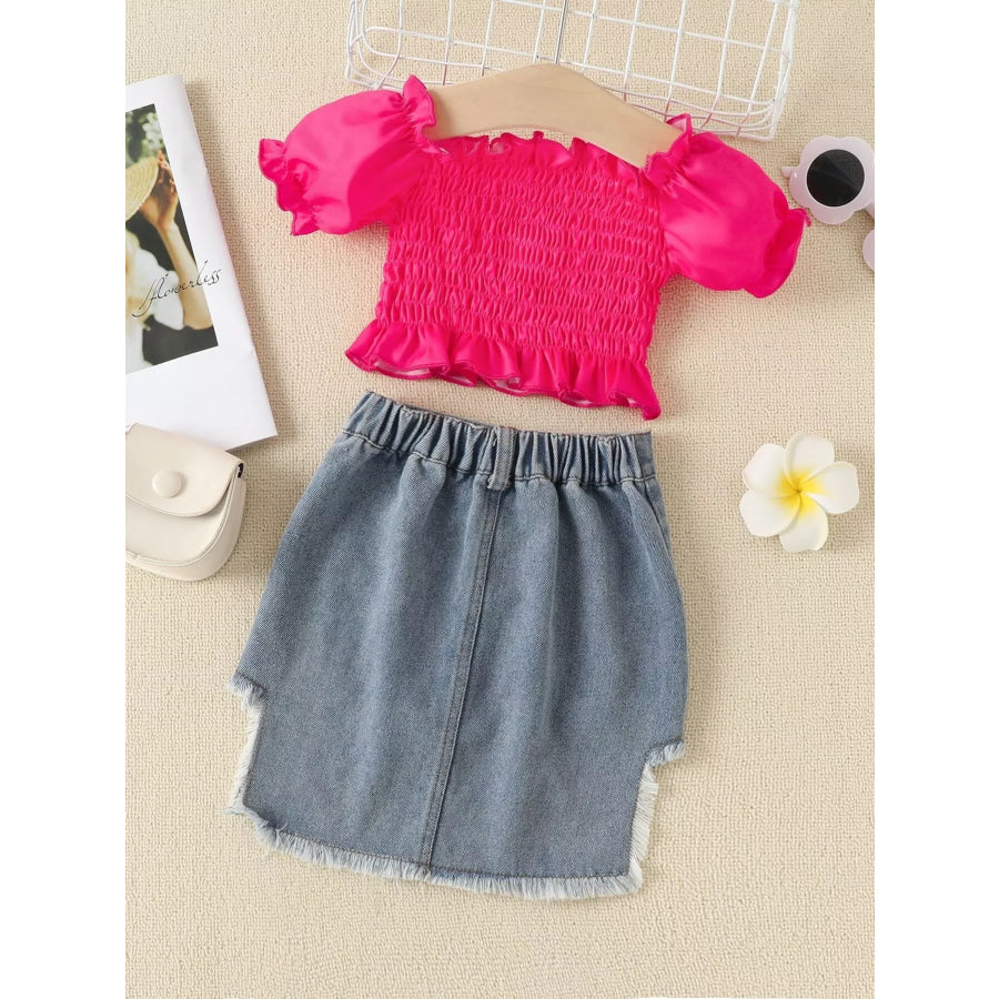 Children’s Smocked Top and Distressed Denim Skirt Set Rose Red / 2T Apparel and Accessories