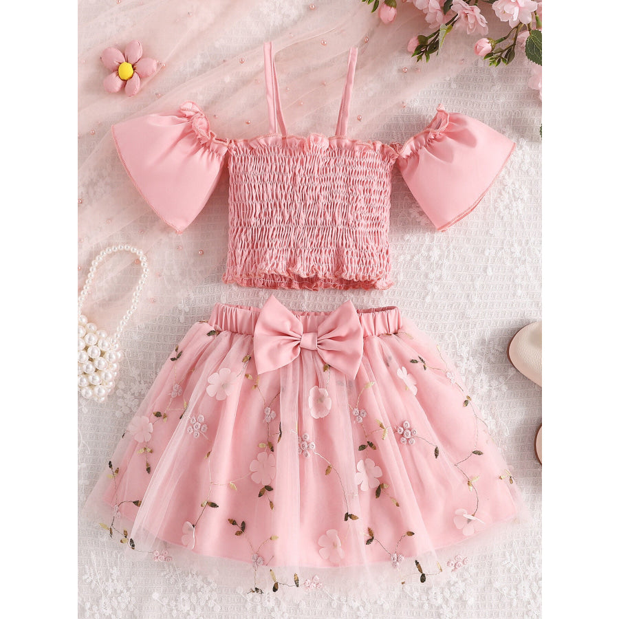 Children’s Smocked Top & Bow Decor Tulle Skirt Set Apparel and Accessories