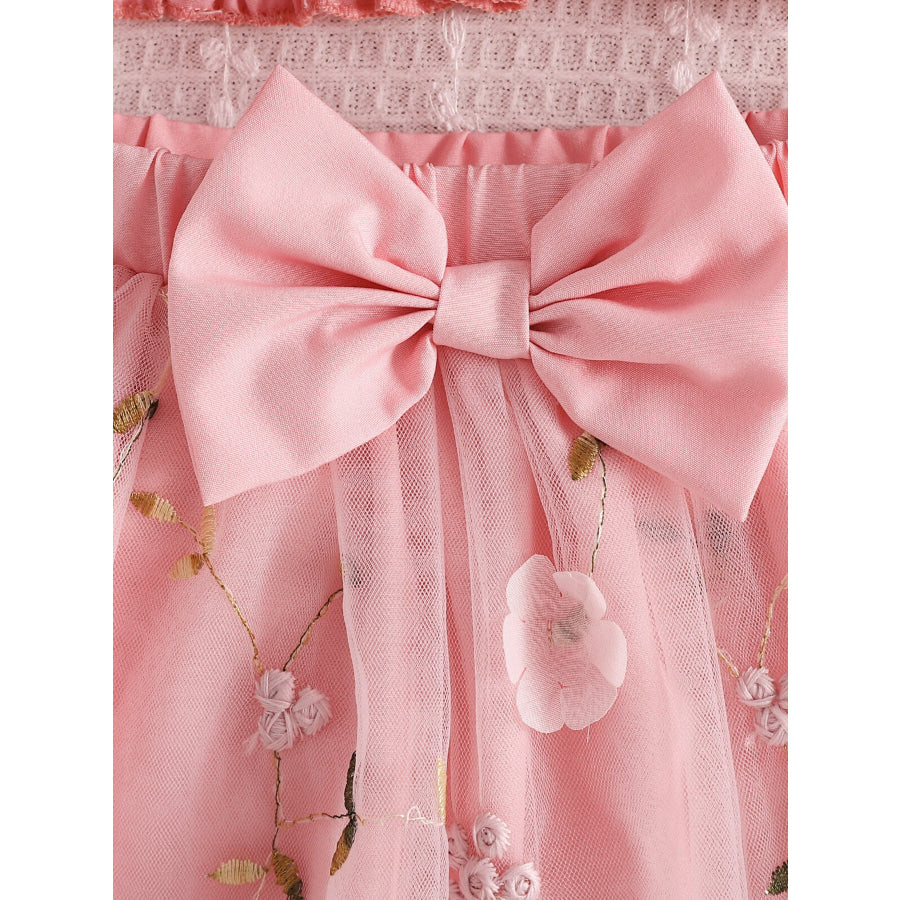 Children’s Smocked Top & Bow Decor Tulle Skirt Set Apparel and Accessories