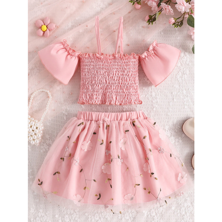 Children’s Smocked Top & Bow Decor Tulle Skirt Set Pink / 12-18M Apparel and Accessories