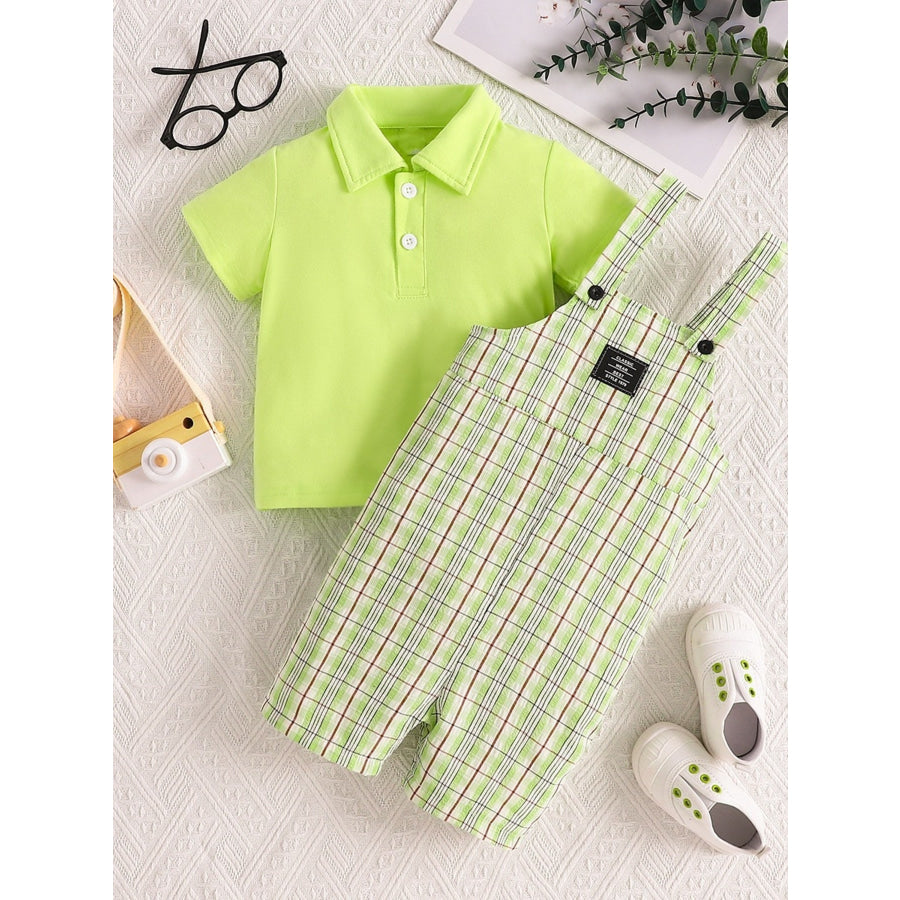 Children’s Solid Color Polo & Plaid Overalls Set Yellow-green / 3-6M Apparel and Accessories