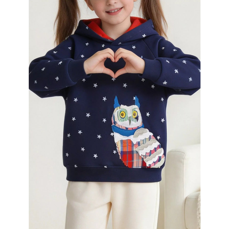 Children’s Star-Print Hoodie with Whimsical Owl Applique Dark Navy / 2Y Apparel and Accessories