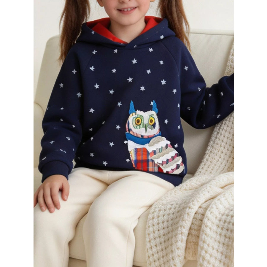 Children’s Star-Print Hoodie with Whimsical Owl Applique Dark Navy / 2Y Apparel and Accessories