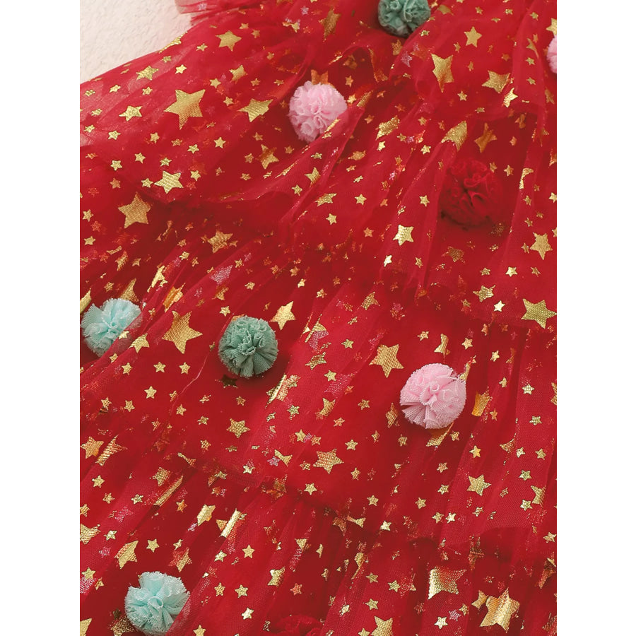 Children’s Star Print Pom-Pom Embellishments Tulle Dress Apparel and Accessories