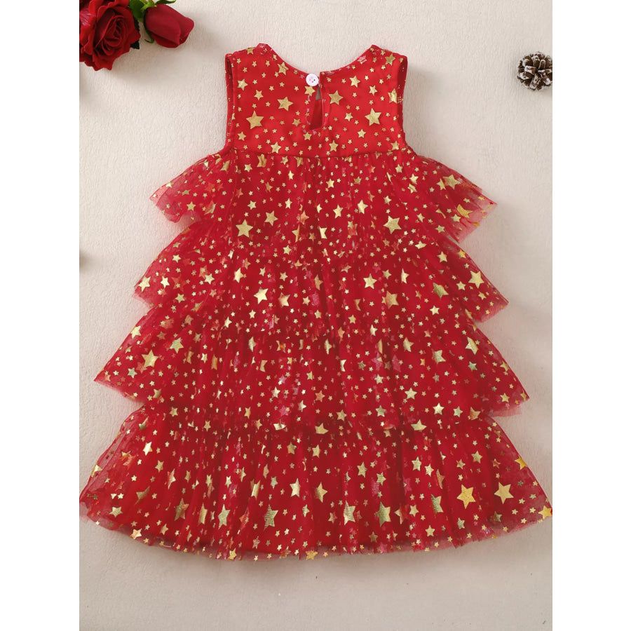 Children’s Star Print Pom-Pom Embellishments Tulle Dress Apparel and Accessories
