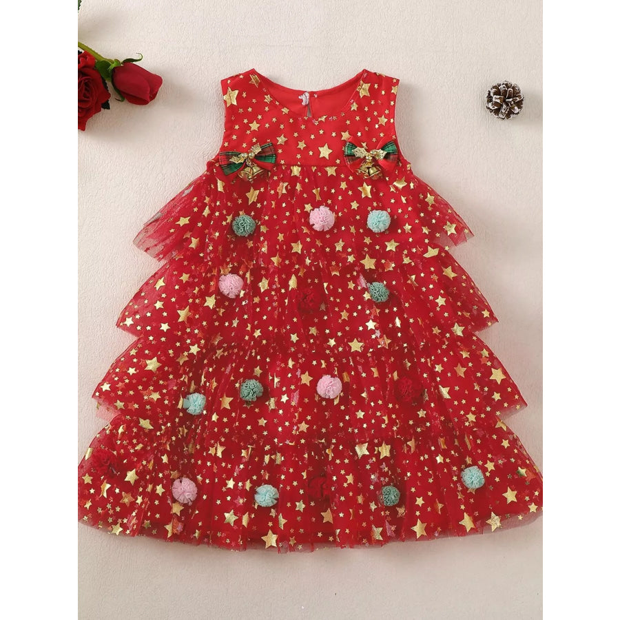 Children’s Star Print Pom-Pom Embellishments Tulle Dress Apparel and Accessories