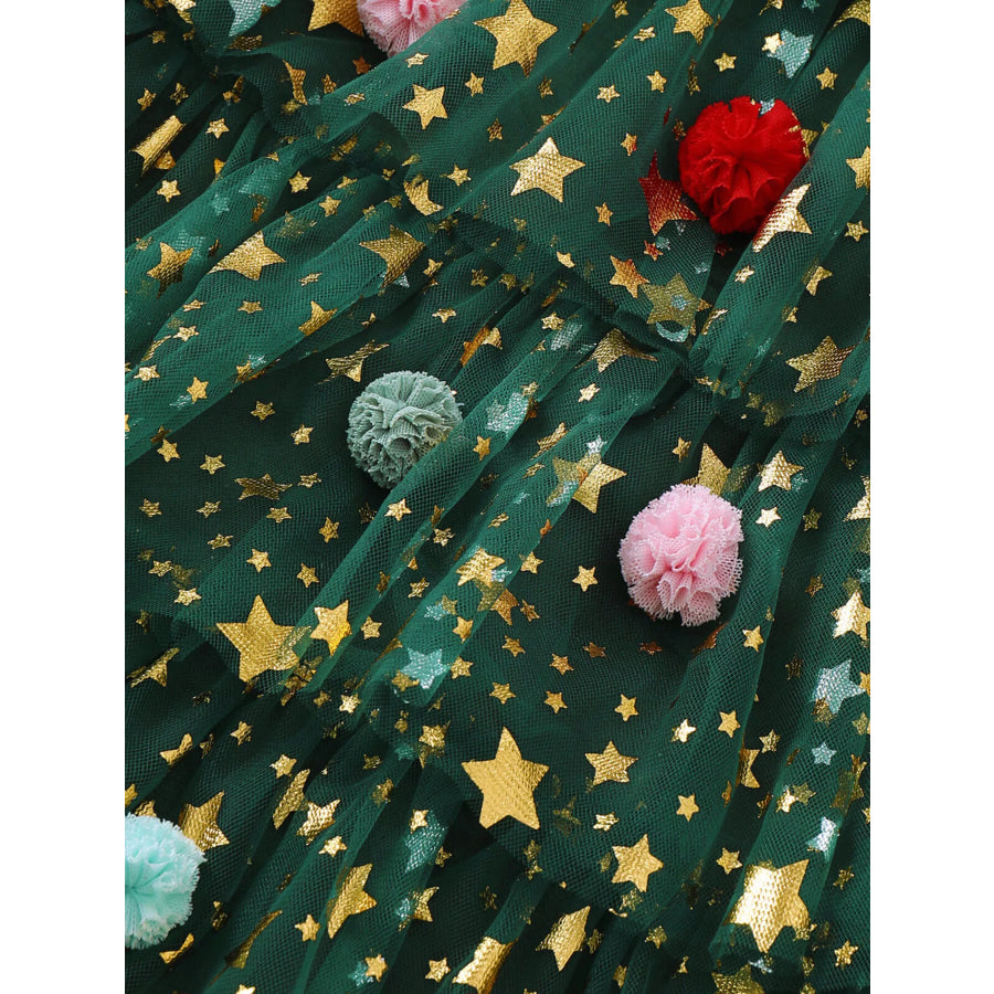 Children’s Star Print Pom-Pom Embellishments Tulle Dress Apparel and Accessories