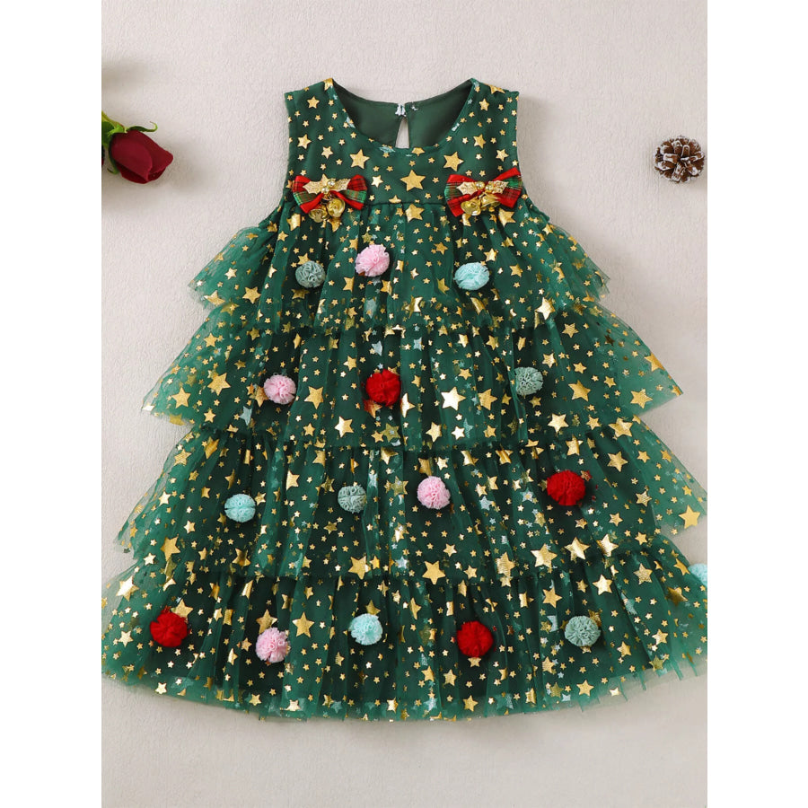 Children’s Star Print Pom-Pom Embellishments Tulle Dress Green / 0-3M Apparel and Accessories