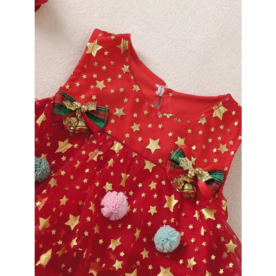 Children’s Star Print Pom-Pom Embellishments Tulle Dress Red / 0-3M Apparel and Accessories