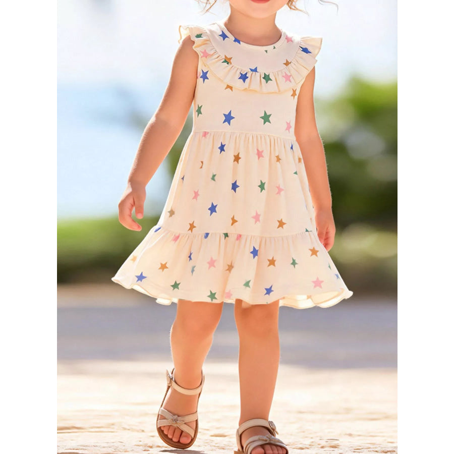 Children’s Star Print Ruffle Trim Sleeveless Casual Dress Beige / 2Y Apparel and Accessories