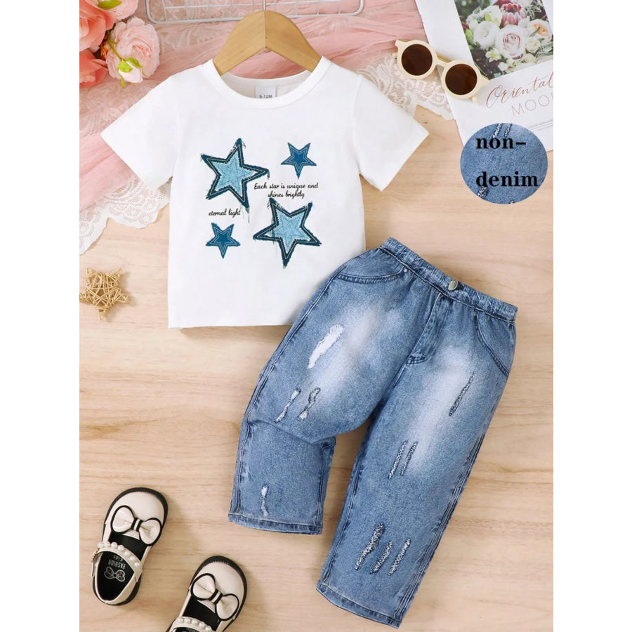 Children’s Star Round Neck Tee and Pants Set White / 6-9M Apparel and Accessories