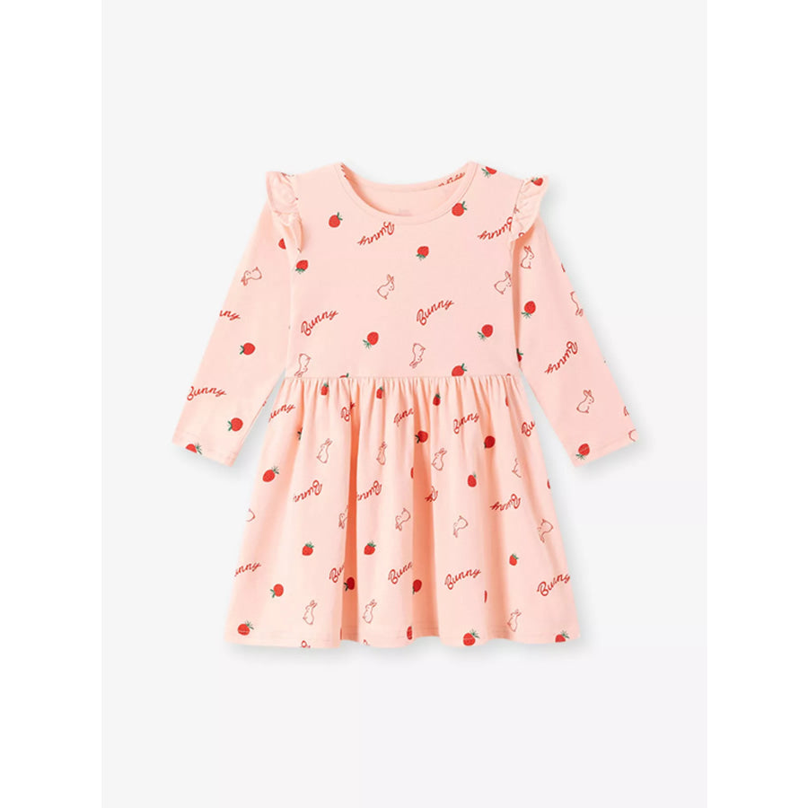 Children’s Strawberry and Bunny Print Ruffled Long-Sleeve A-Line Dress Apparel Accessories