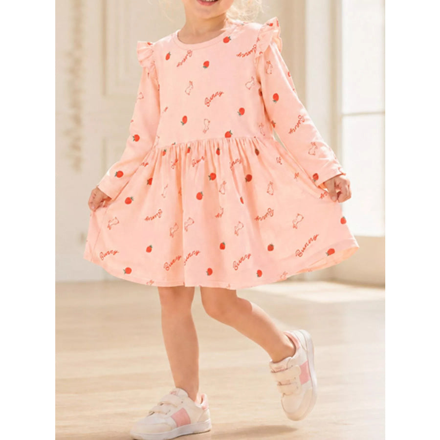 Children’s Strawberry and Bunny Print Ruffled Long-Sleeve A-Line Dress Watermelon pink / 2Y Apparel Accessories