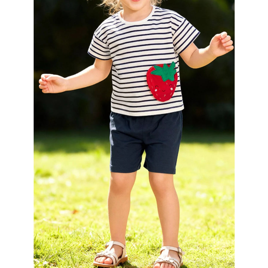 Children’s Strawberry Applique Striped T-Shirt & Shorts Set Black / 2Y Apparel and Accessories