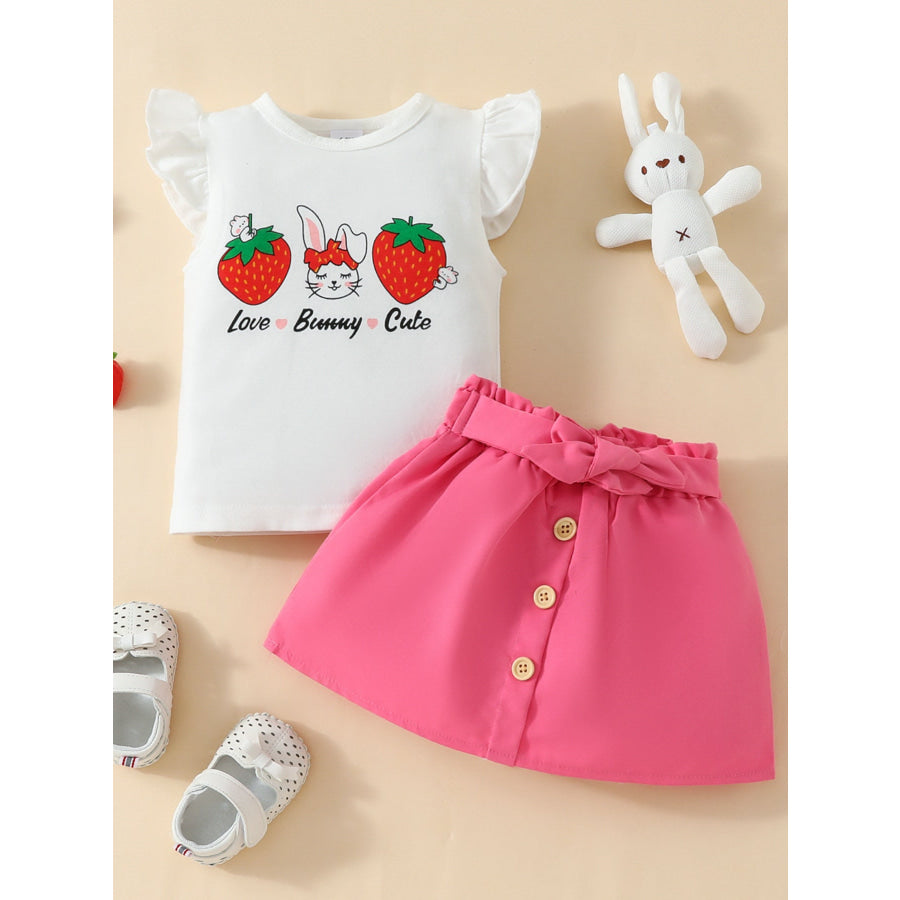 Children’s Strawberry Bunny Graphic Ruffle Sleeve Top and Skirt Set Apparel and Accessories