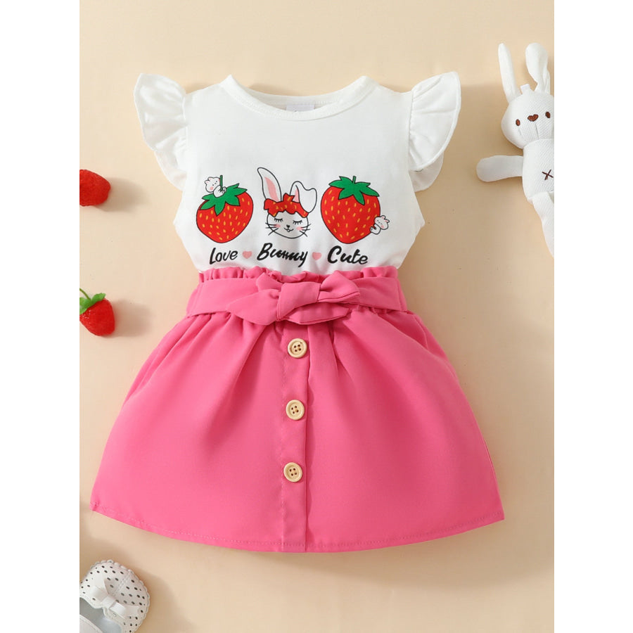 Children’s Strawberry Bunny Graphic Ruffle Sleeve Top and Skirt Set Rose Red / 6-9M Apparel and Accessories