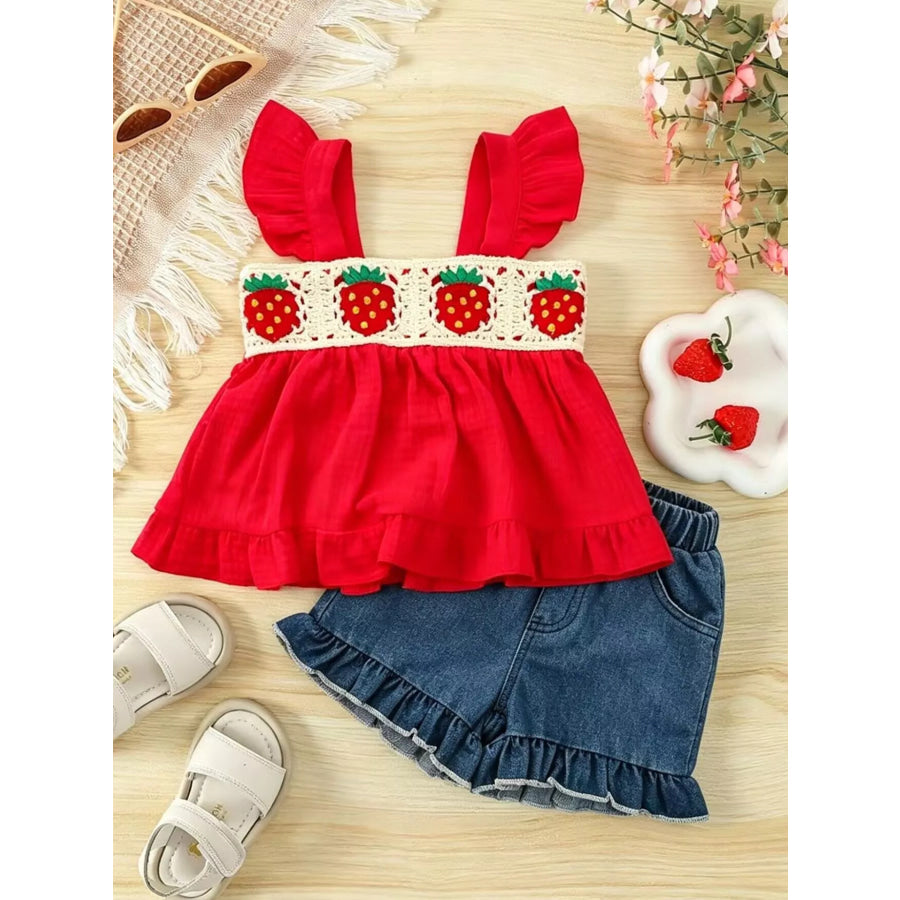 Children’s Strawberry Crochet Trimmed Top and Denim Shorts Set Red / 6-12M Apparel and Accessories