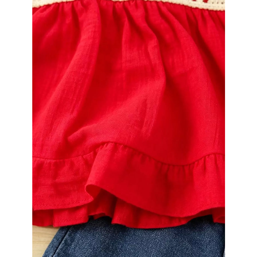 Children’s Strawberry Crochet Trimmed Top and Denim Shorts Set Apparel and Accessories