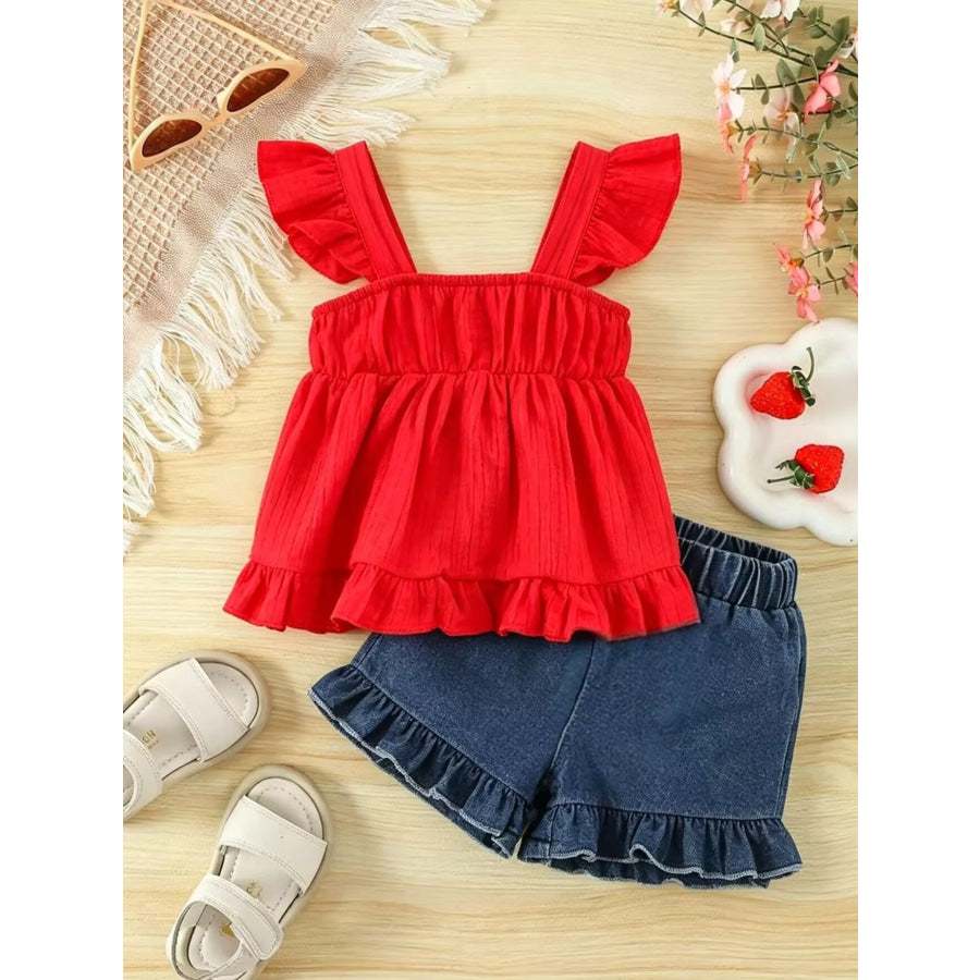 Children’s Strawberry Crochet Trimmed Top and Denim Shorts Set Apparel and Accessories