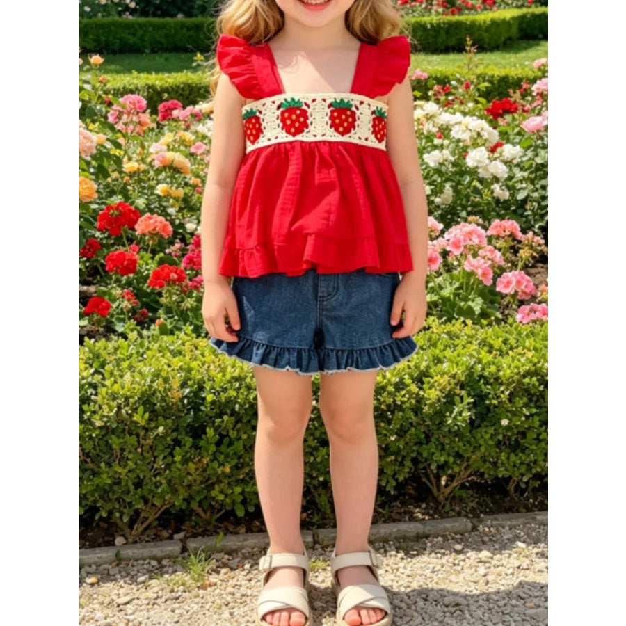 Children’s Strawberry Crochet Trimmed Top and Denim Shorts Set Red / 6-12M Apparel and Accessories