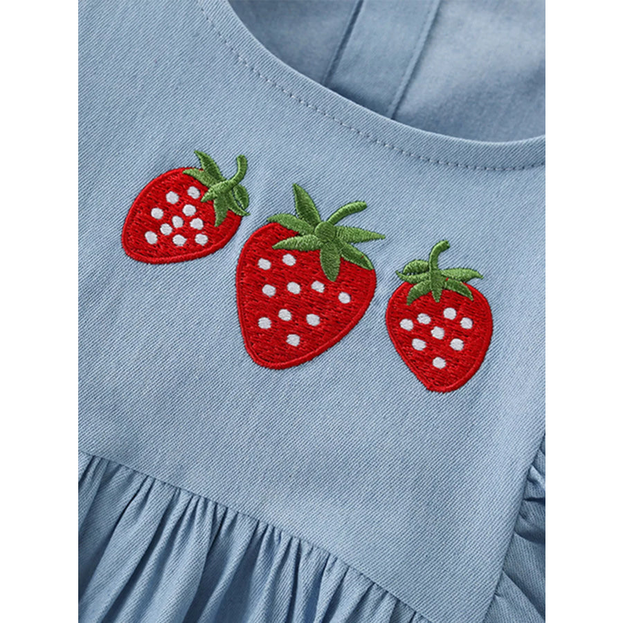 Children’s Strawberry Embroidered Puff Sleeve Denim Dress Apparel and Accessories