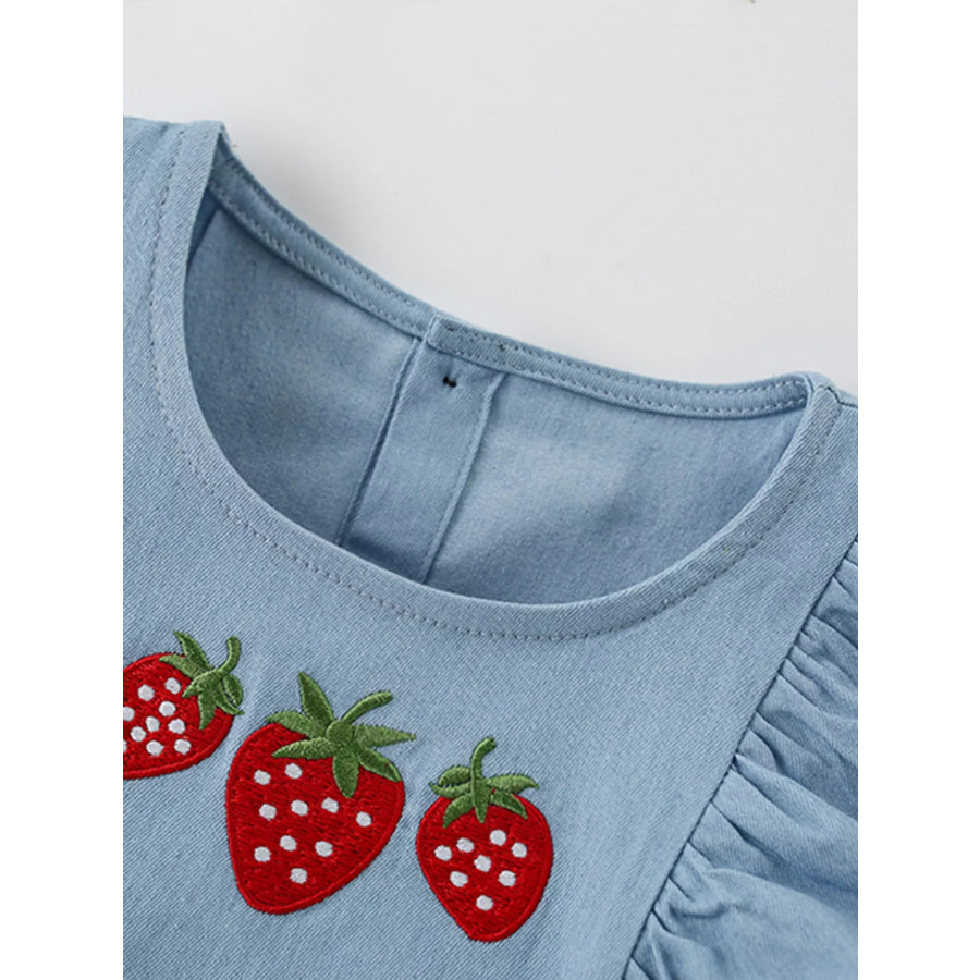 Children’s Strawberry Embroidered Puff Sleeve Denim Dress Apparel and Accessories