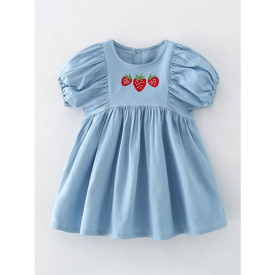 Children’s Strawberry Embroidered Puff Sleeve Denim Dress Medium / 6T Apparel and Accessories