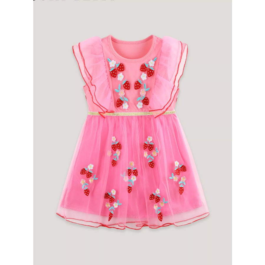 Children’s Strawberry Embroidered Ruffle Sleeve Tulle Dress Apparel and Accessories