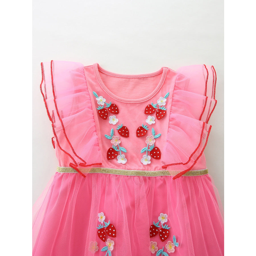 Children’s Strawberry Embroidered Ruffle Sleeve Tulle Dress Apparel and Accessories