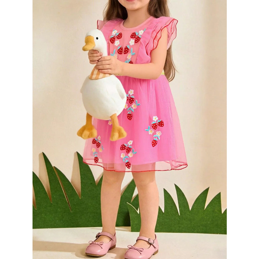 Children’s Strawberry Embroidered Ruffle Sleeve Tulle Dress Fuchsia Pink / 2Y Apparel and Accessories