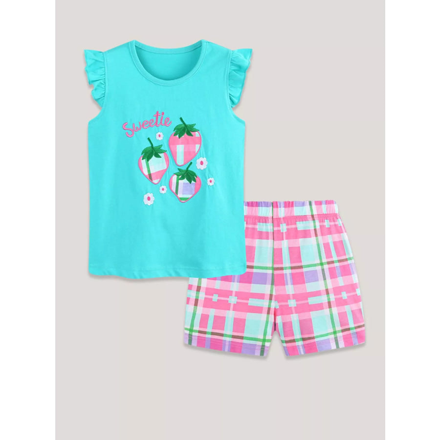 Children’s Strawberry Embroidered Top and Shorts Set Aqua / 2Y Apparel and Accessories
