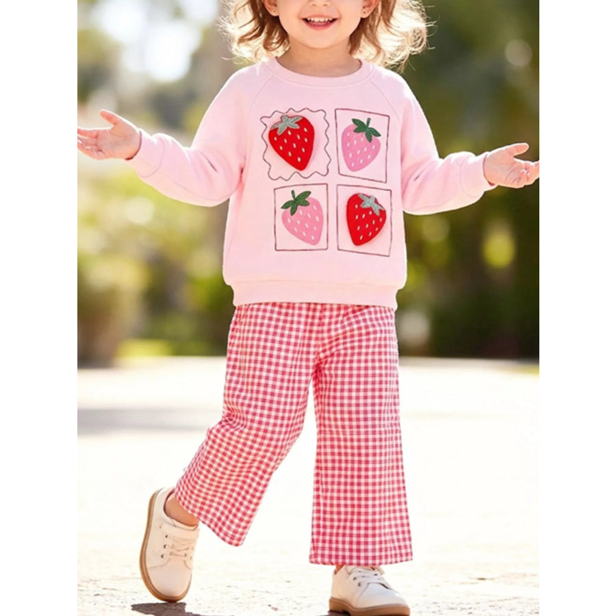 Children’s Strawberry Graphic Sweatshirt and Gingham Pants Set Blush Pink / 2Y Apparel Accessories
