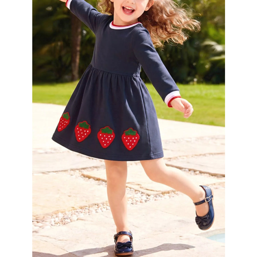 Children’s Strawberry Long-Sleeve Casual Dress Dark Navy / 2Y Apparel and Accessories