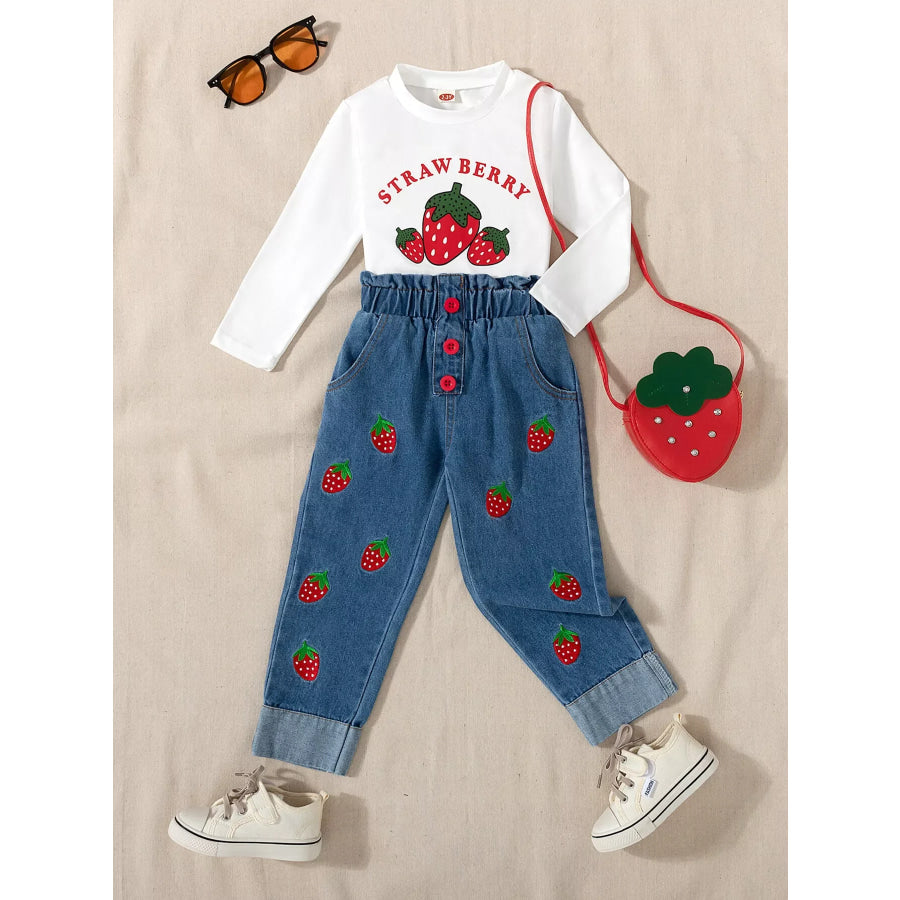 Children’s Strawberry Long Sleeve Top and Jeans Set White / 2-3Y Apparel and Accessories