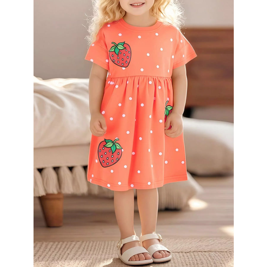 Children’s Strawberry Print Casual Dress Orange / 5Y Apparel and Accessories