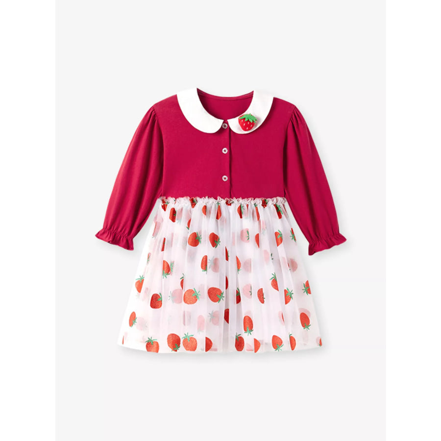 Children’s Strawberry Print Peter Pan Collar Long Sleeve Tulle Dress Apparel and Accessories