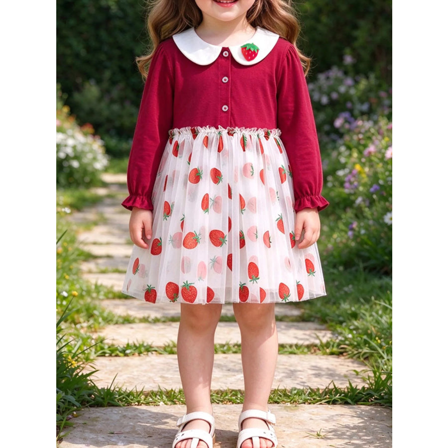 Children’s Strawberry Print Peter Pan Collar Long Sleeve Tulle Dress Scarlet / 2Y Apparel and Accessories