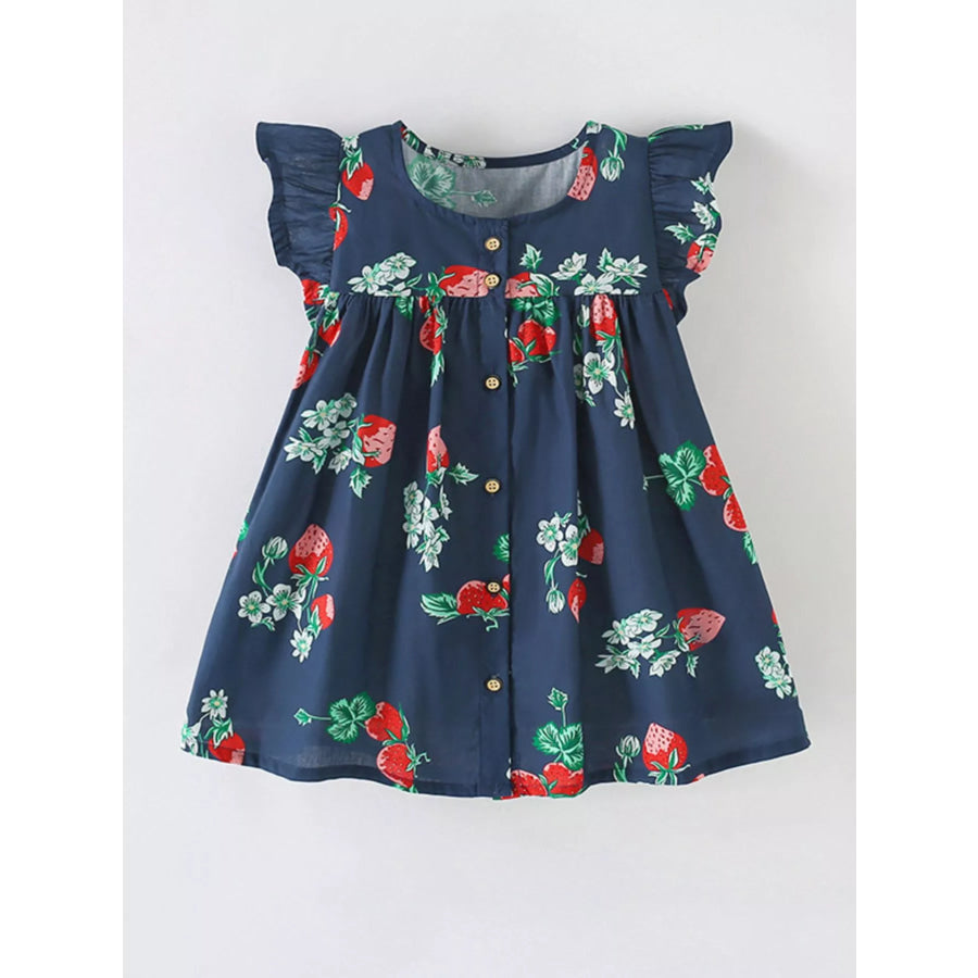 Children’s Strawberry Print Ruffle Sleeve Button-Down Dress Dark Navy / 3Y Apparel and Accessories
