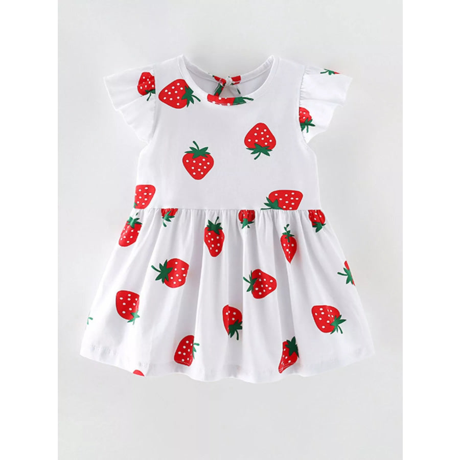Children’s Strawberry Print Ruffle Sleeve Dress White / 3Y Apparel and Accessories