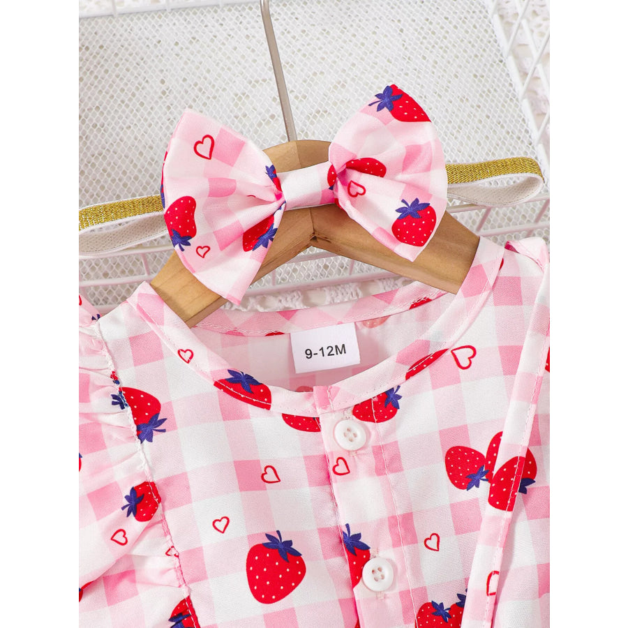 Children’s Strawberry Print Ruffle Trim Jumpsuit & Headband Set Apparel and Accessories