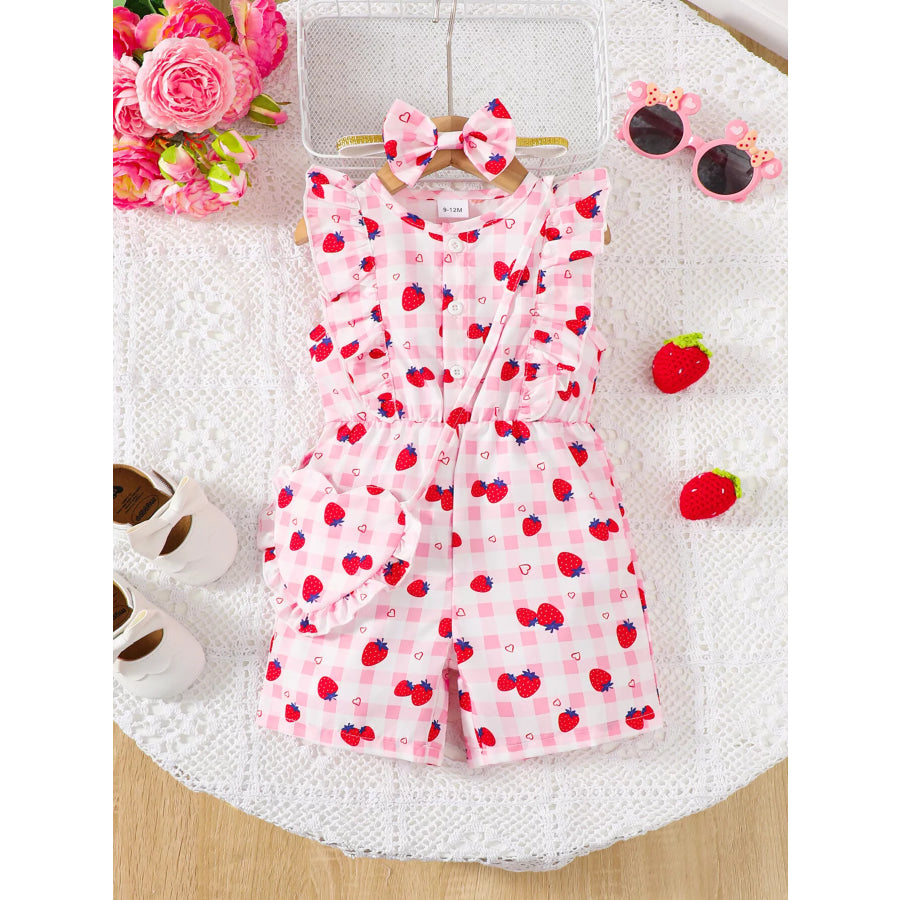 Children’s Strawberry Print Ruffle Trim Jumpsuit & Headband Set Pink / 6-9M Apparel and Accessories