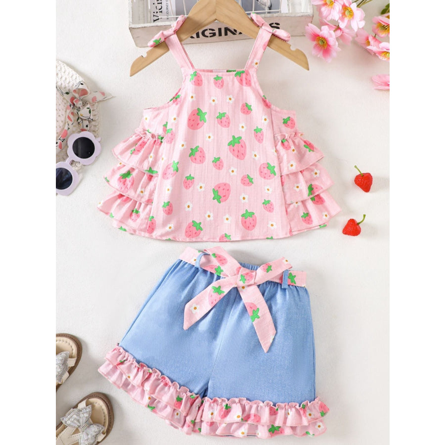 Children’s Strawberry Print Ruffled Cami and Shorts Set Blush Pink / 18-24M Apparel Accessories