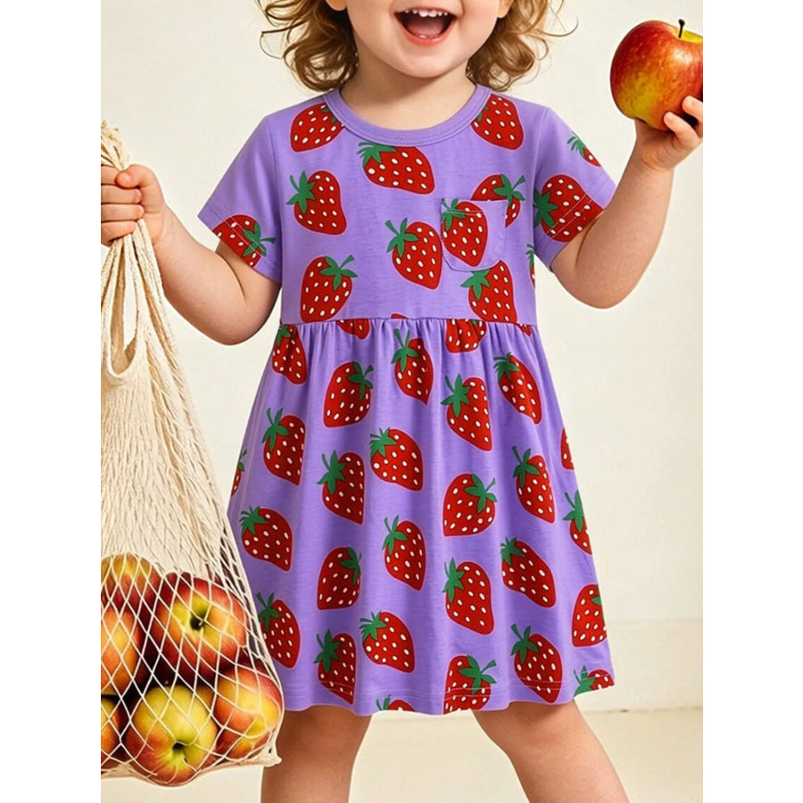 Children’s Strawberry Print Short Sleeve Dress Purple / 2Y Apparel and Accessories