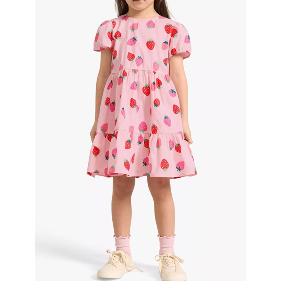 Children’s Strawberry Print Tiered Puff Sleeve Dress Pink / 3T Apparel and Accessories