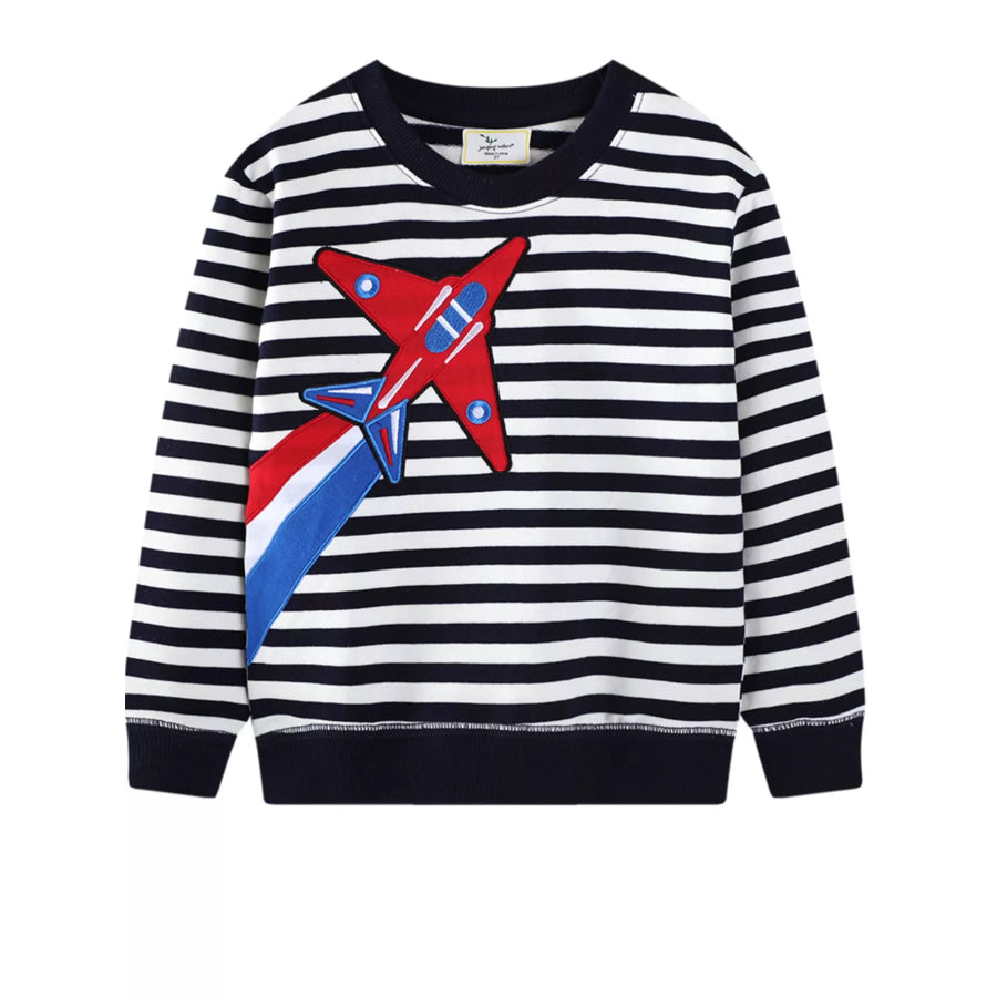 Children’s Striped Airplane Applique Crewneck Sweatshirt Black / 2T Apparel and Accessories