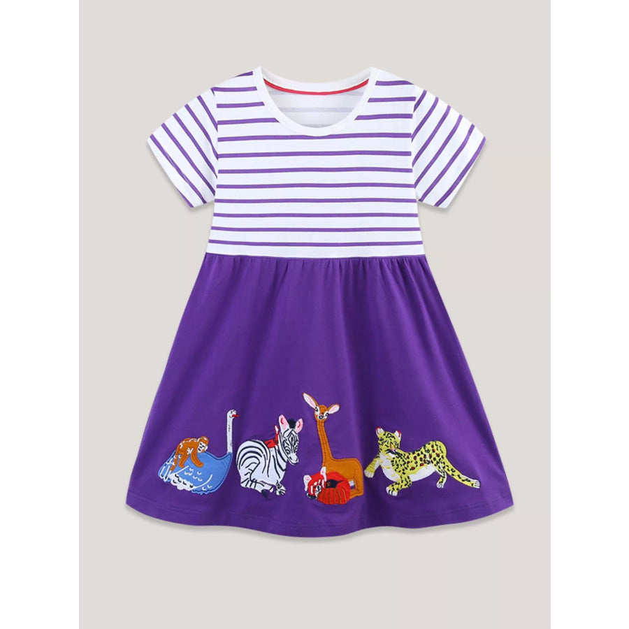 Children’s Striped & Animal Embroidered Dress Purple / 2Y Apparel and Accessories