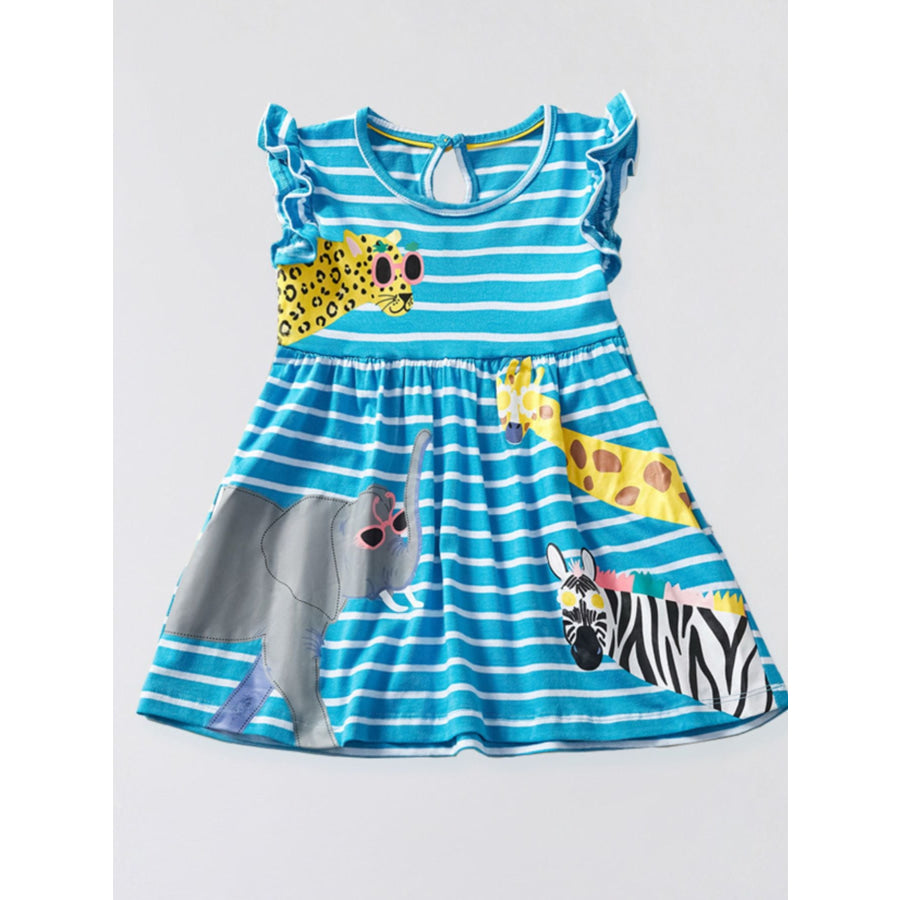 Children’s Striped Animal Print Ruffle Sleeve Dress Sky Blue / 3Y Apparel and Accessories